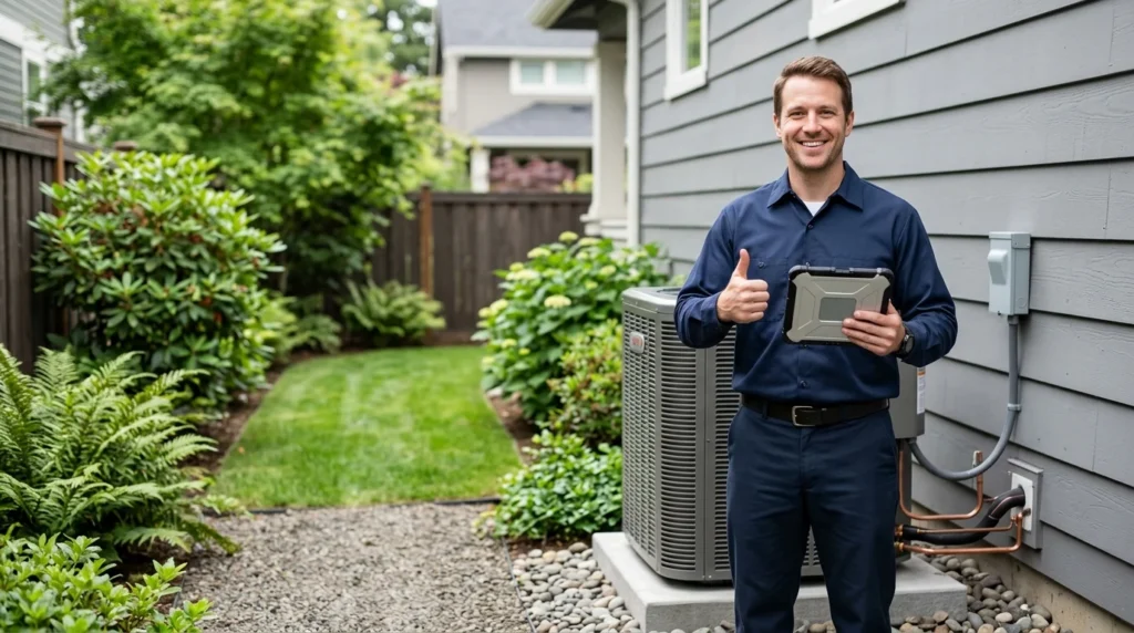 A technician beside a newly installed condenser