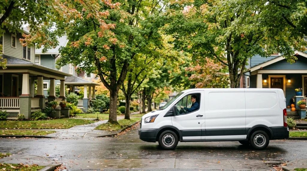 An Amarillo Air van on a service call in a tree-lined neighbourhood