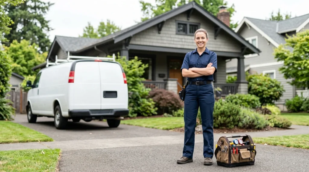 An Amarillo Air technician in the driveway of a customer's home