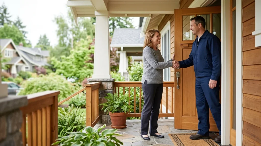 A homeowner shaking hands with an Amarillo Air technician on the front porch