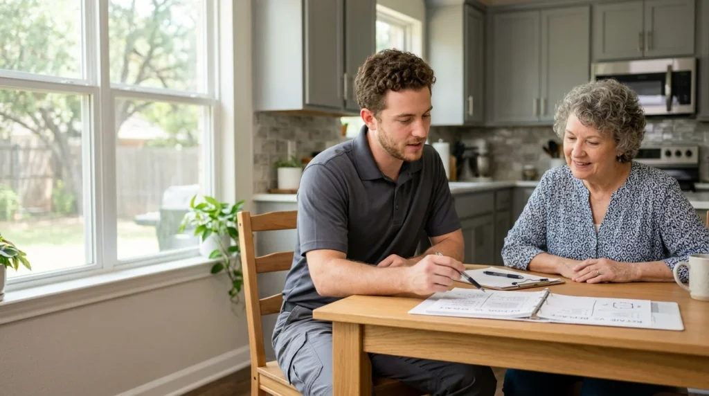 A technician and a homeowner comparing repair and replacement options at a kitchen table